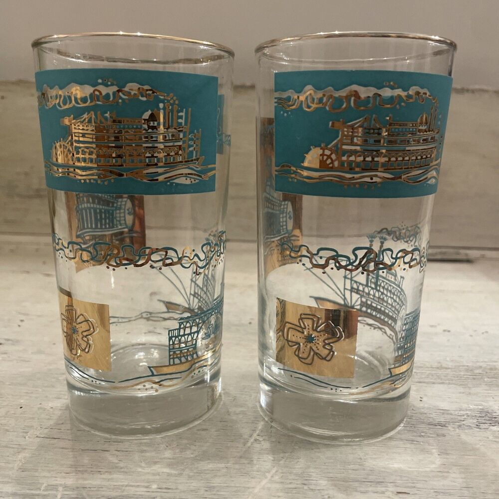 2 Southern Comfort Libbey Riverboat Steamboat Barware Turquoise & Gold 5.5”